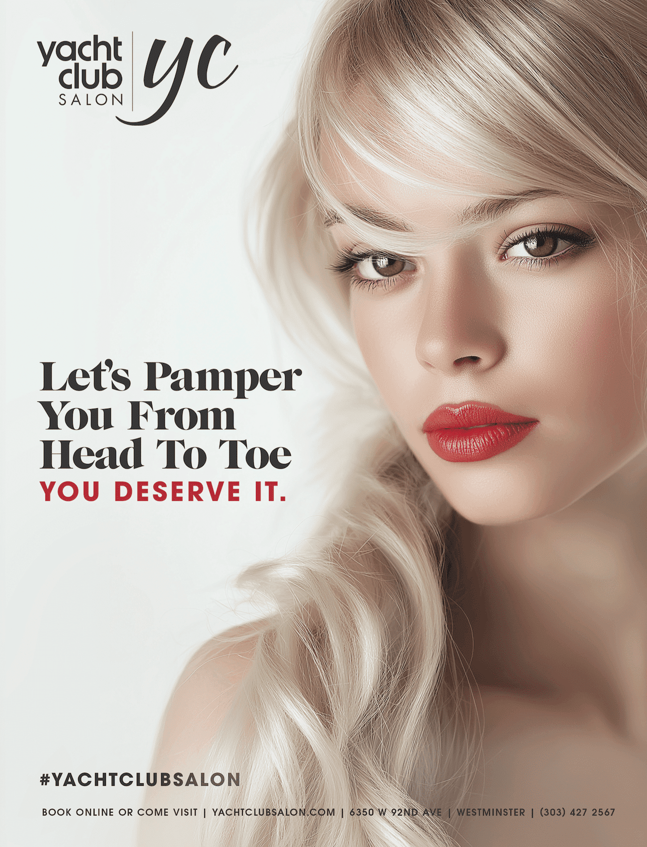 Blonde woman with red lips promoting luxury salon services.