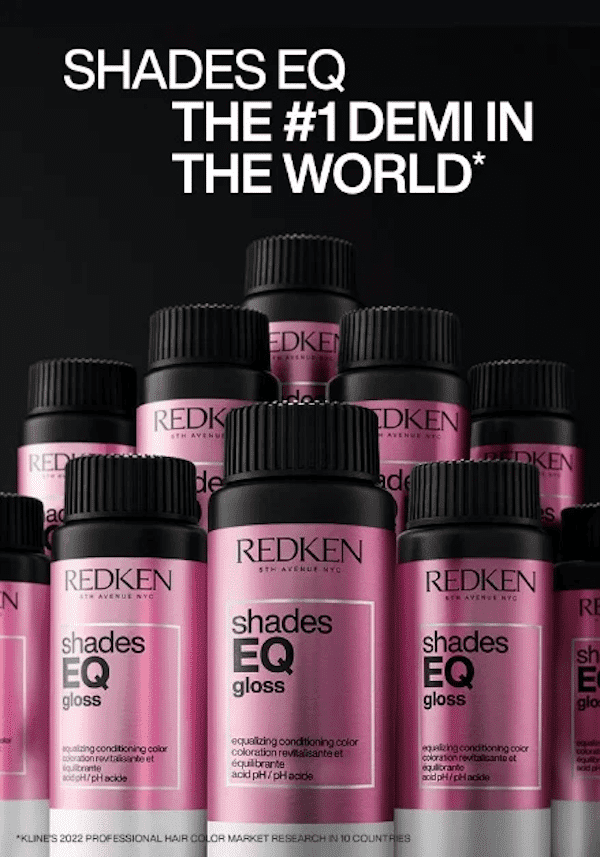 Redken Shades EQ products stacked, labeled as the world's top demi-permanent hair color.